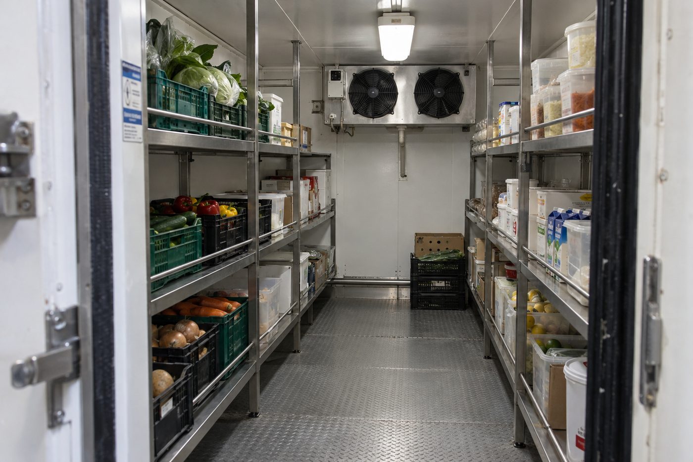 Ship provisions cold room with an evaporator and stainless steel shelving (AI-generated illustration). /images/frigos-starlink/chambre-froide.jpg
