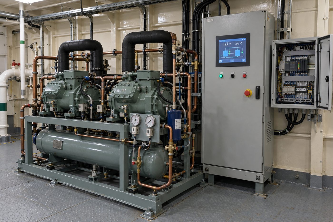 Ship refrigeration machinery room: two compressor units and a control cabinet with a touchscreen (AI-generated illustration). /images/frigos-starlink/salle-compresseurs.jpg